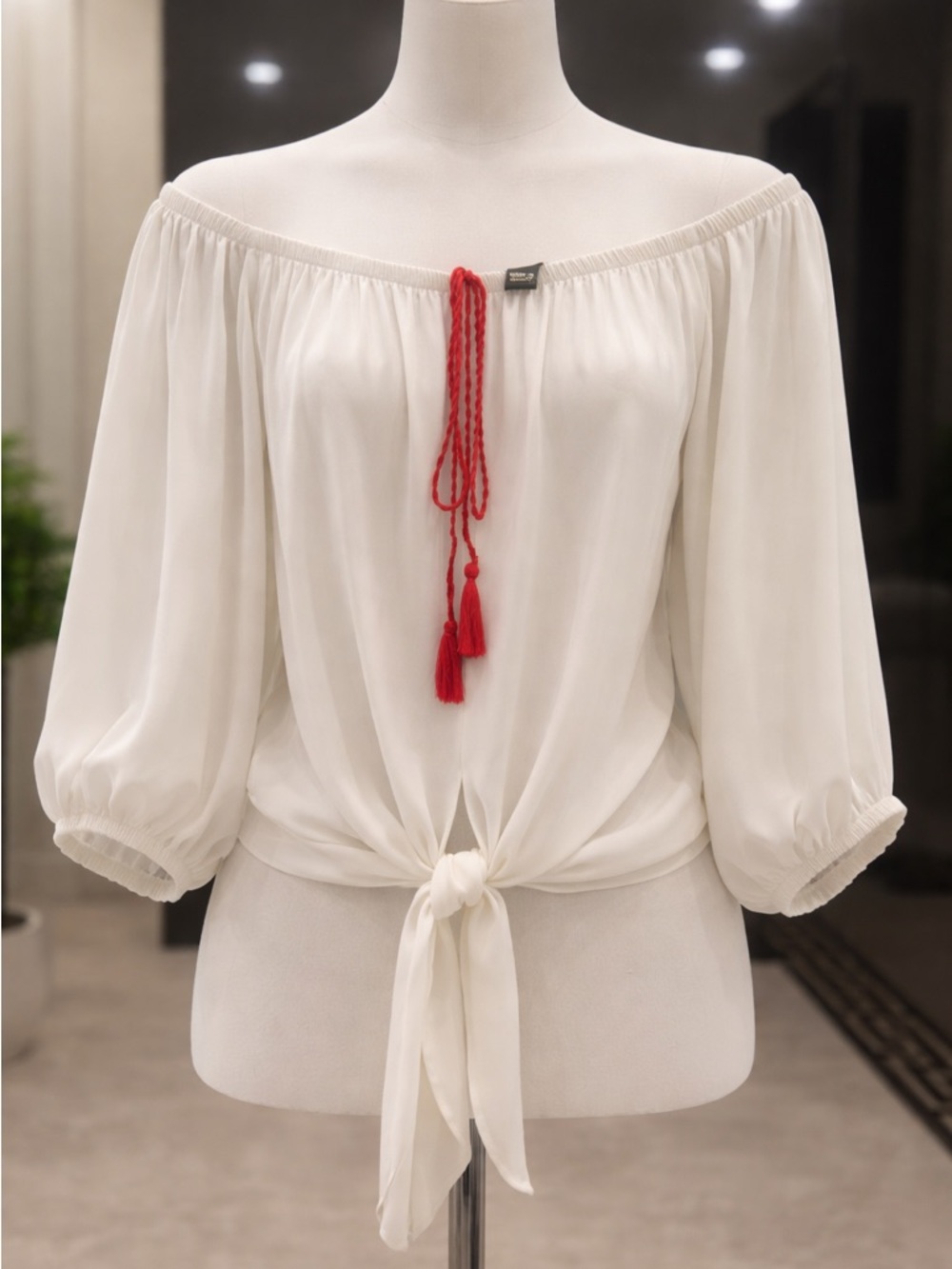 Boho Off Shoulder White Blouse | Red Tassel Tie | Lightweight Summer Top | Gizia